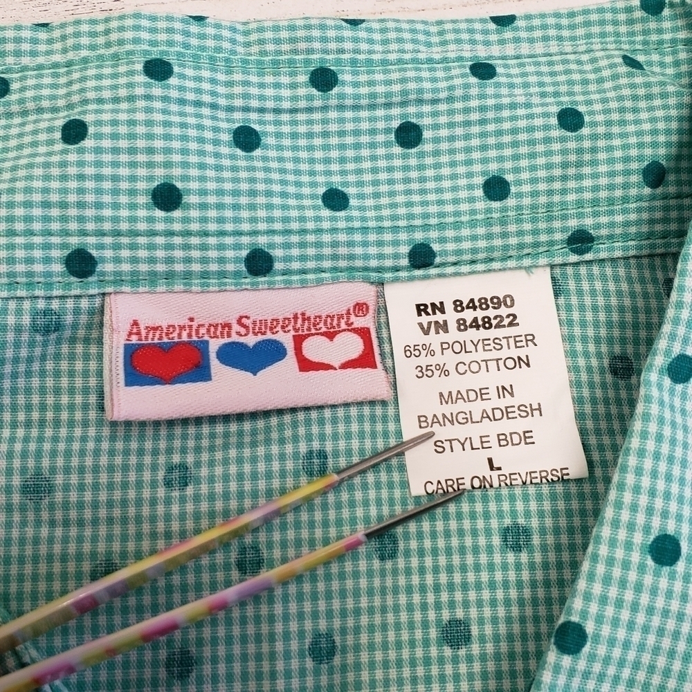 American Sweetheart Womens Blue Green Button Gingham Polka Dot Top Size Large - Picture 4 of 5